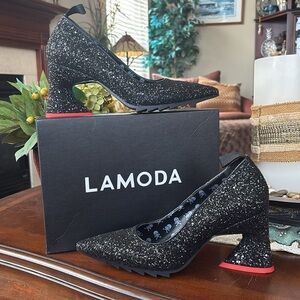 Brand New Lamoda My Love Glitter Heels Pointed Toe Heart Shaped Block Heels